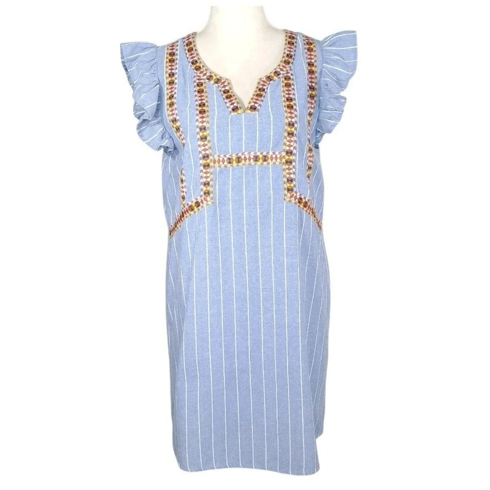 Entro Dress Size Medium Pullover Blue Stripe Embroidered Ruffle Sleeve‎ Lined